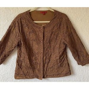Joni B Sweater Cardigan Artsy Sz L 3/4 Sleeve Statement  Jacket‎ Piping Appliqué